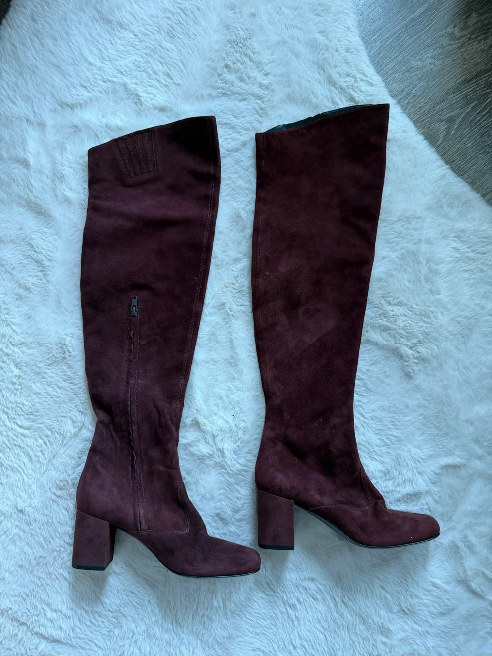 Yves Saint Laurent Burgundy Suede Over-the-Knee Block Heel Boots
